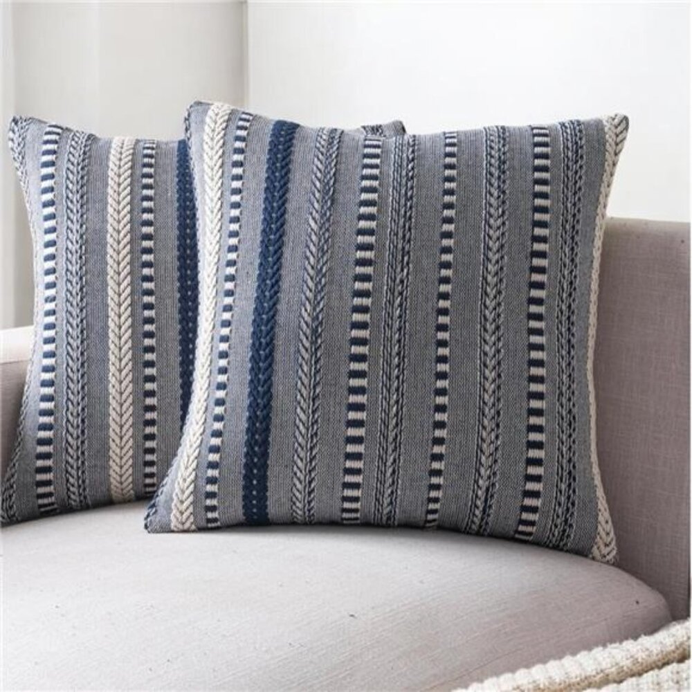New West Elm Set 2 Navy Blue Boho Embroidered Throw Pillow Case Cover Sham 18x18 - Picture 2 of 9